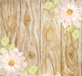 Scenic pink flower on a background of wooden boards. Handmade.