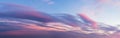 Scenic pink purple clouds against azure sky at sunset. Majestic vanilla sky panoramic shot. Beautiful pastel colored evening