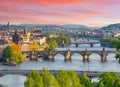 Scenic Prague panorama with bridges over Vltava at sunset, Czech Republic Royalty Free Stock Photo