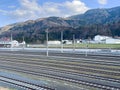 Scenic railway tracks with mountain views on a clear day Royalty Free Stock Photo