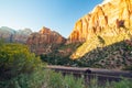 Scenic red rock asphalt road running through Zion National Park Royalty Free Stock Photo