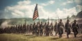 Scenic representation of an army of American soldiers from the line marching into battle, Royalty Free Stock Photo