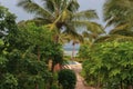 Scenic resort hotel view with palm trees and pool. Exotic landscape with boats with red sailboat and tropical garden.