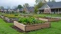 A scenic retirement community with individual raised garden beds outside each cottage allowing residents to personalize Royalty Free Stock Photo