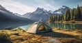 Scenic Retreat. A Tent Amidst Mountains and Lakeside Tranquility. Generative AI