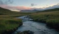 Scenic river flowing through lush green landscape, mountains in background, soft clouds, evening light Royalty Free Stock Photo