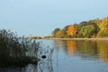 Scenic river landscape bright yellow trees blue sky early autumn Royalty Free Stock Photo