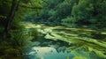 A scenic river landscape with sprawling green algae mats taking over the water creating a sense of eerie stillness Royalty Free Stock Photo