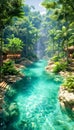 Scenic river pool winding through a lush tropical garden with natural rock formations and waterfalls. Tropical resort natural pool Royalty Free Stock Photo