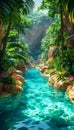 Scenic river pool winding through a lush tropical garden with natural rock formations and waterfalls