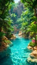 Scenic river pool winding through a lush tropical garden with natural rock formations and waterfalls Royalty Free Stock Photo