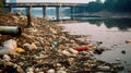 A scenic river is surrounded by an abundance of litter