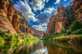 Scenic River Journey Through a Majestic Canyon with Lush Greenery and Dramatic Sky Royalty Free Stock Photo