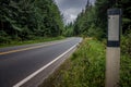 Scenic road with a bright yellow centerline winding through a lush forest. Royalty Free Stock Photo