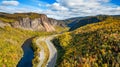 Scenic road in Canadian Mountain Landscape Valley with River. Fall Season. Corner Brook, Newfoundland, Canada Royalty Free Stock Photo