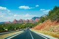 Scenic road to beautiful red mountains in Sedona. Royalty Free Stock Photo