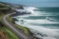 scenic road trip along the coastline, with crashing waves and rolling surf