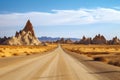 scenic road trip through the desert, with sand dunes and rock formations in the background Royalty Free Stock Photo