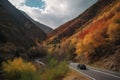 scenic road trip through the mountains, with views of the changing seasons