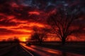 scenic road trip at sunset, with fiery skies and silhouetted trees