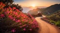 A scenic road trip through vibrant landscapes, the winding path adorned with colorful flowers.