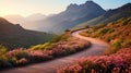 A scenic road trip through vibrant landscapes, the winding path adorned with colorful flowers.