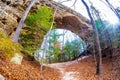 Scenic rocks erosion formation on Twin Arches trail in Big South Fork recreation area Royalty Free Stock Photo