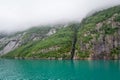 Scenic rocky cliffs and turquise water of norwegian fjords.