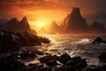 Scenic Rocky Seashore at Enchanting Sunset with Majestic Ocean Waves and Vibrant Twilight Colors