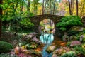 Scenic Round Stone Bridge over a stream with Fall colors emerging Royalty Free Stock Photo