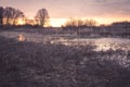 Scenic rural landscape during sunset in field nearby river Royalty Free Stock Photo