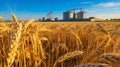 Scenic rural view of a wheat field with grain storage silos in the distant background Royalty Free Stock Photo