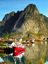 Norway Landscape, Rugged Nordic Coastline, Fishing Ship, Lofoten Islands Royalty Free Stock Photo