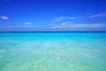 Scenic seascape of azure transparent ocean water and blue sky. Tropical beach with white sand. Idyllic scenery of seaside resort. Royalty Free Stock Photo