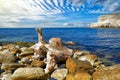 Scenic seascape with blue water, rocks and dramatic sky in Crimea, Ukraine