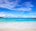 Scenic seascape with white sand on the beach and ocean`s turquoise water. Idyllic tropical beach scene. Seychelles