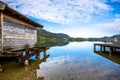 Scenic seaside of lake Schliersee on a sunny day with blue sky in Bavaria, Germany Royalty Free Stock Photo