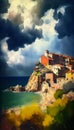 Scenic Serenity: A Stylized Demo of a Village Hill Overlooking the Ocean with Clouds, Beaches, and Searchlights Royalty Free Stock Photo