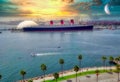 Scenic shoreside seascape in the Queen Mary port of Long beach in California with special effects