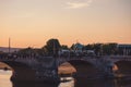 Scenic shot of the Augustus Bridge at sunset in Dresden, Germany Royalty Free Stock Photo