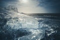 Scenic shot of an ice floe breaking up against shore with sea ice during freezing winter weather