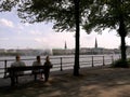 Scenic shot of the lake and the park in Binnenalster or Inner Alster Lake in Hamburg, Germany