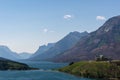 Scenic shot of lakes, hills, and the princess of Wales hotel in the Waterton lakes national park