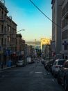 Scenic shot of a street with a view of the Golden Gate Bridge, San Francisco. Royalty Free Stock Photo