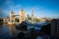 Scenic shot of the Tower Bridge and the city skyline in London, Europe during sunrise