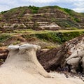 Scenic shot of a valley in Drumheller with a layer of green grass on the eroded surface