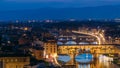 Scenic Skyline View of Arno River day to night timelapse, Ponte Vecchio from Piazzale Michelangelo at Sunset, Florence Royalty Free Stock Photo