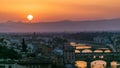 Scenic Skyline View of Arno River timelapse, Ponte Vecchio from Piazzale Michelangelo at Sunset, Florence, Italy. Royalty Free Stock Photo