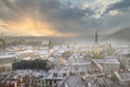 Scenic Snowy Roofs on Prague dramatic sunset