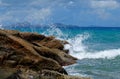 Scenic splashes of surf at Anse Severe beach on La Digue island, Seychelles Royalty Free Stock Photo